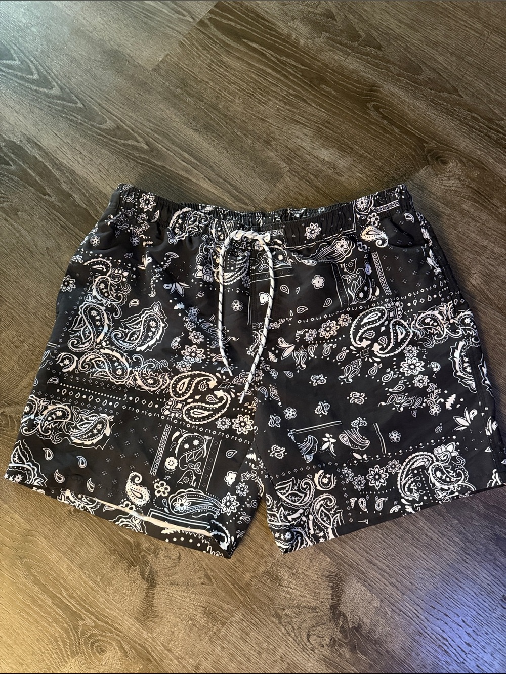 SHEIN Black Paisley Print Swim Trunks